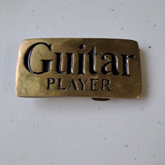 VTG Guitar Player Solid Brass Belt Buckle Retro Rock Band 4108 Taiwan Rectangle - Picture 1 of 3